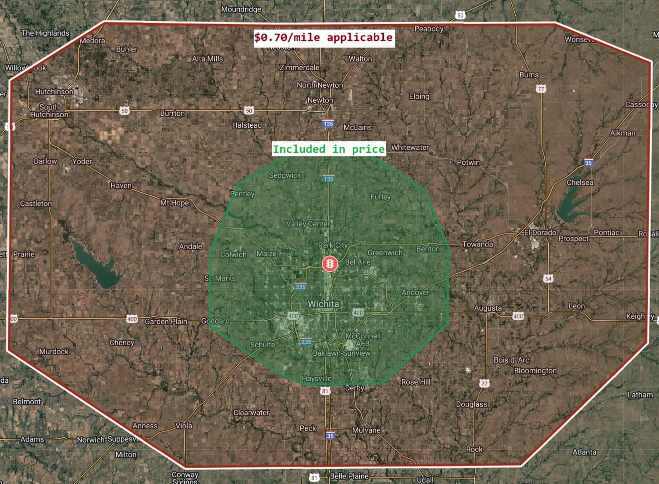 Service area map showing included area in green and $0.70/mile applicable area in outer boundary